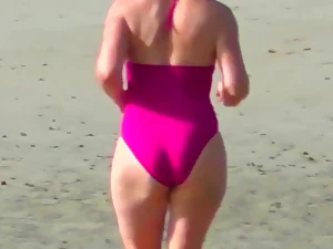 Spy strand grown-up in a granny bathing suit bikini jugs